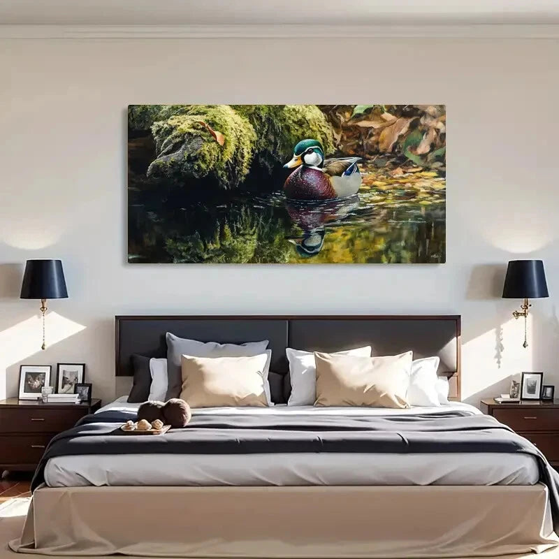 Wildlife Reflection Duck Nature Wall Art Canvas Office Home Room Framed 120x60cm - Bella Home Decor