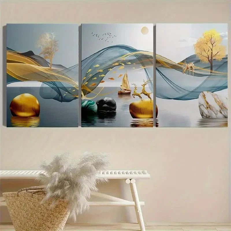 3pcs Abstract Animal Geometric Lines Metal Print Ready to Hang Art - Bella Home Decor