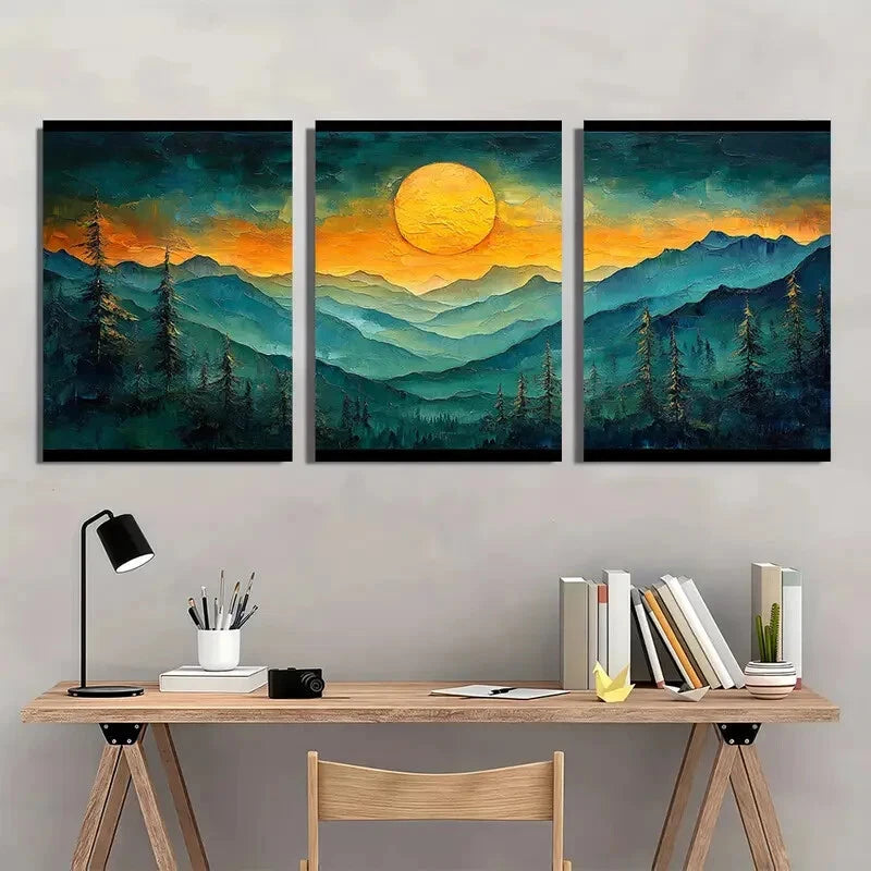 3pcs Vibrant Sunset Abstract Mountain Landscape Metal Print Ready to Hang Art - Bella Home Decor