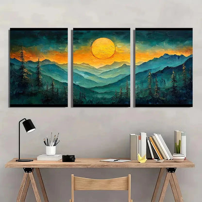 3pcs Vibrant Sunset Abstract Mountain Landscape Metal Print Ready to Hang Art - Bella Home Decor
