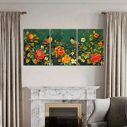 3pcs Birds Vibrant Flowers Elegant Branches Metal Print Ready to Hang Art - Bella Home Decor