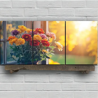 3pcs Flowers On The Windowsill Metal Print Ready to Hang Art - Bella Home Decor