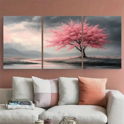 3pcs Serene Pink Blossom Tree Greyscale Design Metal Print Ready to Hang Art - Bella Home Decor