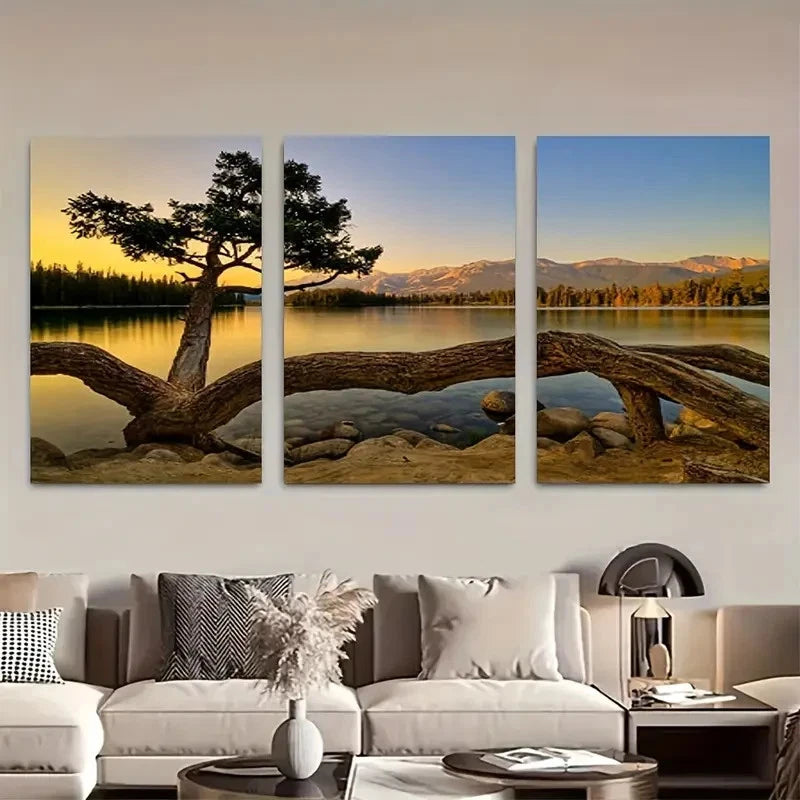 3pcs Calm Lake & Tree at Dawn Metal Print Ready to Hang Art - Bella Home Decor