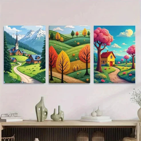 3pcs Village & Mountain Landscape Vibrant Autumn Wall Art Set Canvas Unframed - High Quality Print 100% Australian Made Wall Canvas