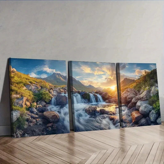 3pcs Scottish Highlands Sunset Landscape Wall Art Set Canvas Framed 40x60cm - High Quality Print 100% Australian Made Wall Canvas Ready to Hang
