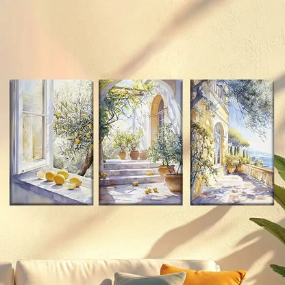 3pcs French Villa Courtyard with Lemon Wall Art Set Canvas Framed 60x90cm - High Quality Print 100% Australian Made Wall Canvas Ready to Hang - Bella Home Decor