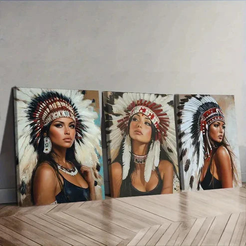 3pcs Indian Girls Wear Feathered Headdresses Wall Art Set Canvas Unframed - High Quality Print 100% Australian Made Wall Canvas