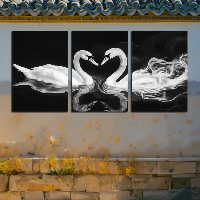 3pcs Romantic Black and White Swan Wall Art Set Canvas Framed 50x70cm - High Quality Print 100% Australian Made Wall Canvas Ready to Hang - Bella Home Decor