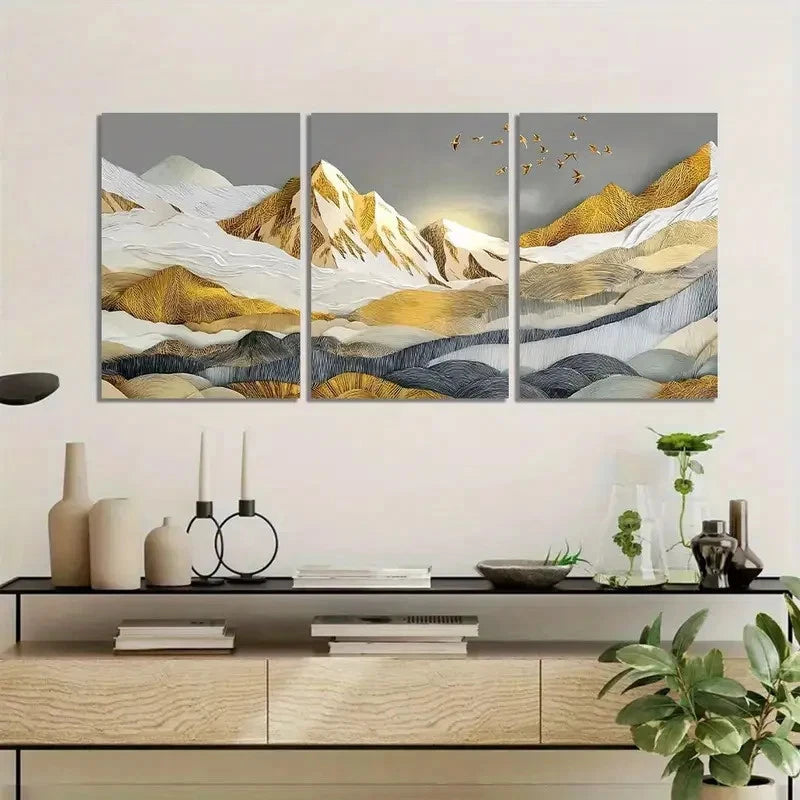 3pcs Golden and Silvery Foil Painting Metal Print Ready to Hang Art - Bella Home Decor