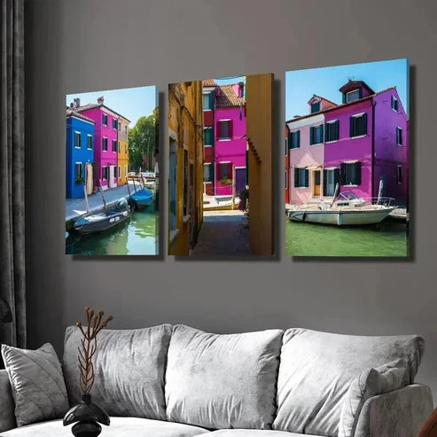 3pcs Colorful Venice Burano Island Canal Scene  Wall Art Set Canvas Unframed - High Quality Print 100% Australian Made Wall Canvas - Bella Home Decor