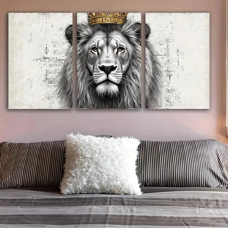 3pcs Modern Lion With A Throne Abstract Wall Art Set Canvas Framed 50x70cm - High Quality Print 100% Australian Made Wall Canvas Ready to Hang