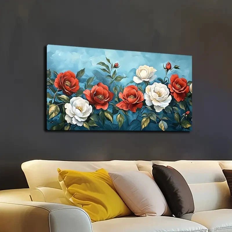 Vibrant Rose Garden with Red Wall Art canvas office home room framed 120x60cm