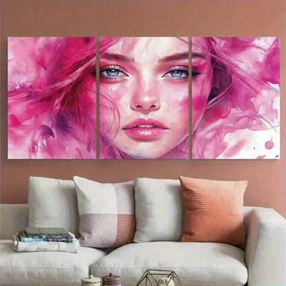 3pcs Pink Abstract Woman Face Watercolor Fashion Metal Print Ready to Hang Art - Bella Home Decor