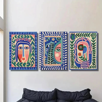 3pcs Art Deco Folk Abstract Face Wall Art Canvas Unframed - High Quality Print 100% Australian Made Wall Canvas - Bella Home Decor