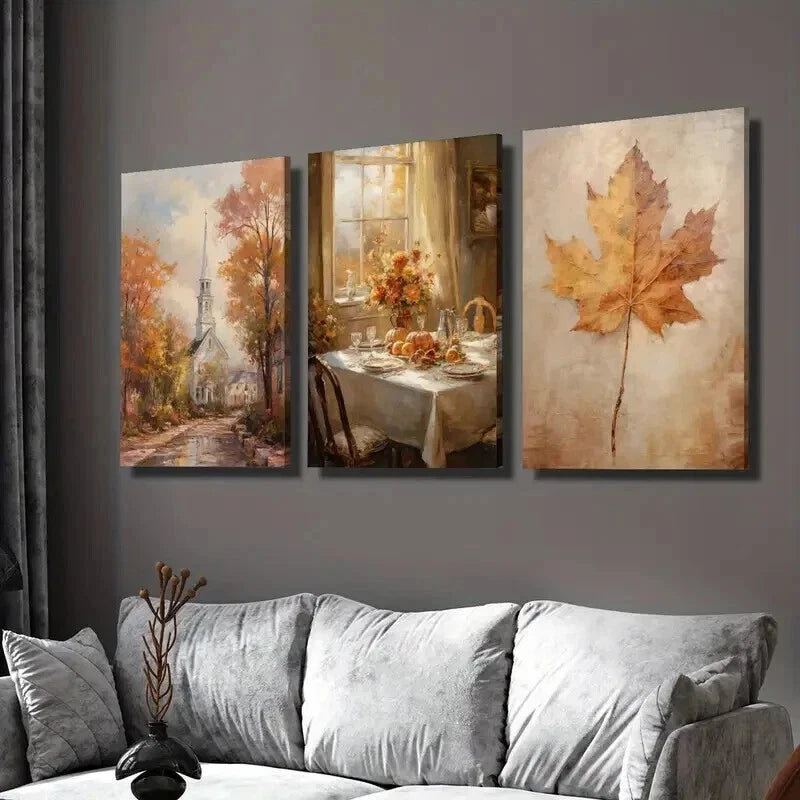 3pcs Autumn Leaves Town Landscape & Dinner Wall Art Set Canvas Framed 60x90cm - High Quality Print 100% Australian Made Wall Canvas Ready to Hang