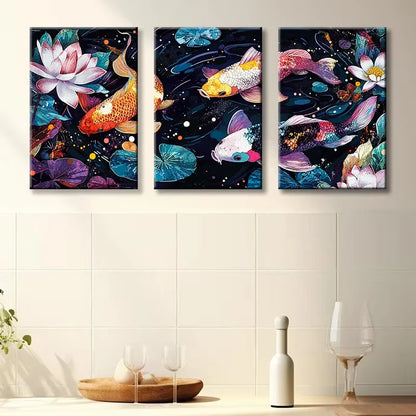 3pcs Colorful koi in the Water Illustration Wall Art Set Canvas Framed 60x90cm - High Quality Print 100% Australian Made Wall Canvas Ready to Hang - Bella Home Decor