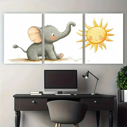 3pcs Babar Elephant doing Yoga Sun Salutation Wall Art Set Canvas Framed 50x70cm - High Quality Print 100% Australian Made Wall Canvas Ready to Hang - Bella Home Decor