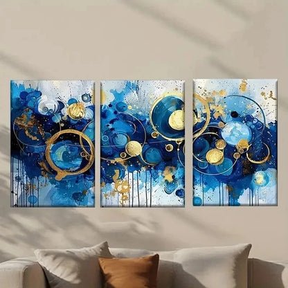 3pcs Abstract Blue & Golden Swirls & Spheres Wall Art Set Canvas Framed 50x70cm - High Quality Print 100% Australian Made Wall Canvas Ready to Hang - Bella Home Decor