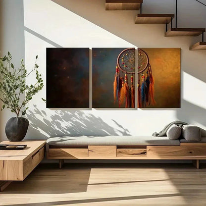 3pcs Ethnic Feathers Colorful Beads Dreamcatcher Metal Print Ready to Hang Art - Bella Home Decor