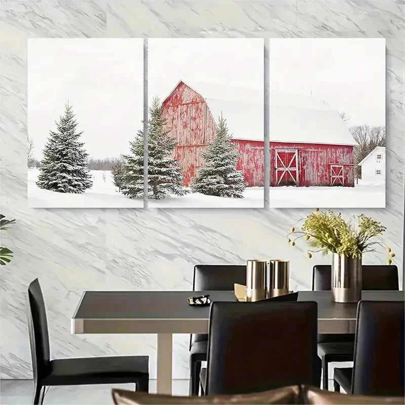 3pcs Winter Barn In Snow Rustic Design Metal Print Ready to Hang Art