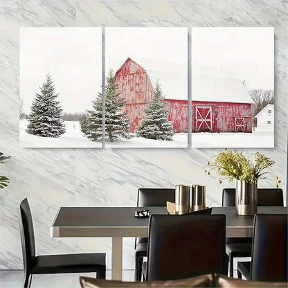 3pcs Winter Barn In Snow Rustic Design Metal Print Ready to Hang Art