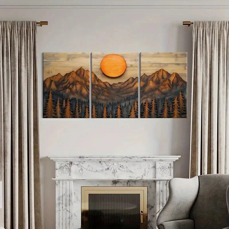 3pcs Rustic Mountain Landscape Snow-Capped Peaks Metal Print Ready to Hang Art - Bella Home Decor