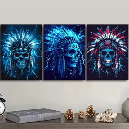 3pcs Native American Chief Skull Design Metal Print Ready to Hang Art