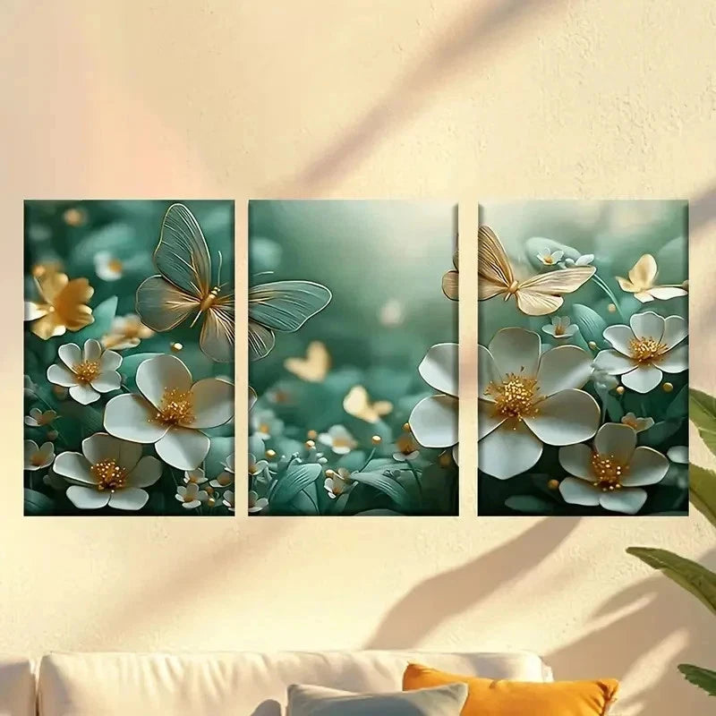 3pcs a bunch of white flowers with Gold Wall Art Set Canvas Framed 50x70cm - High Quality Print 100% Australian Made Wall Canvas Ready to Hang - Bella Home Decor