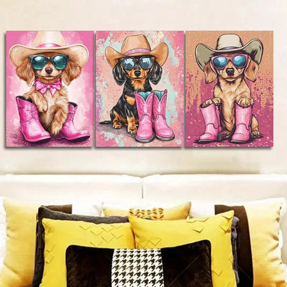 3pcs Cute Dachshund Puppy Painting Metal Print Ready to Hang Art - Bella Home Decor