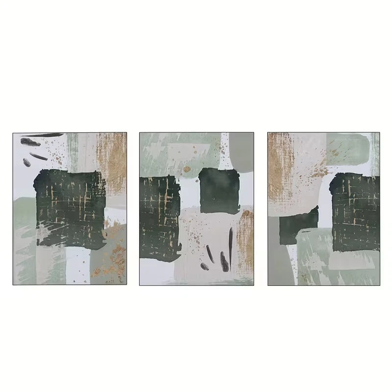 3pcs Green and Golden Watercolor Shape  Wall Art Set Canvas Framed 50x70cm - High Quality Print 100% Australian Made Wall Canvas Ready to Hang