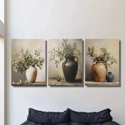 3pcs Painting of Still Life Vases and Branches Metal Print Ready to Hang Art - Bella Home Decor