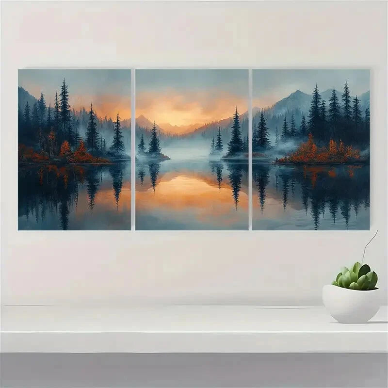 3pcs Misty Forest Reflection Landscape Tranquil Metal Print Ready to Hang Art - Bella Home Decor