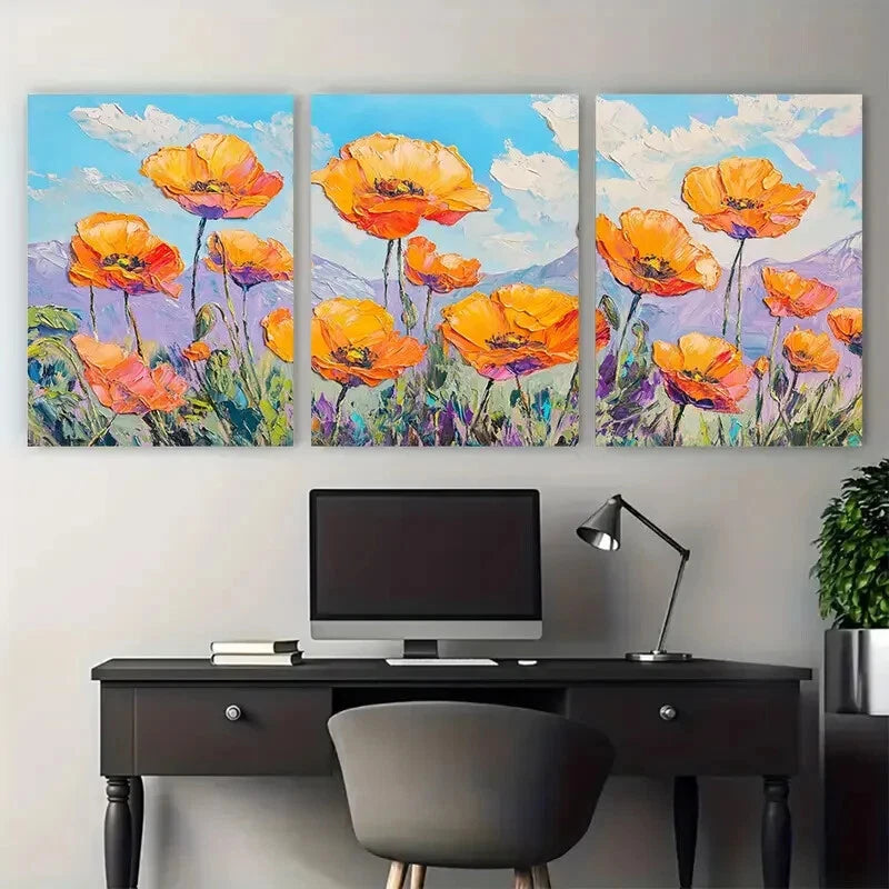 3pcs Vibrant California Poppies Fields Landscape Metal Print Ready to Hang Art - Bella Home Decor