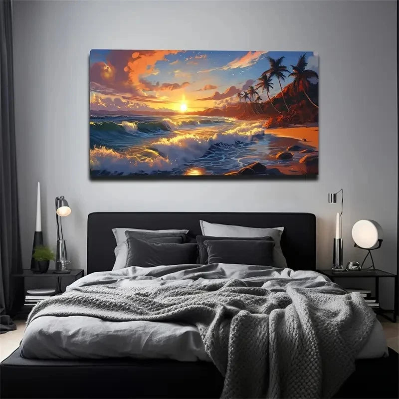 Vibrant Coastal Landscape Wall Art Canvas Office Home Room Framed 120x60cm