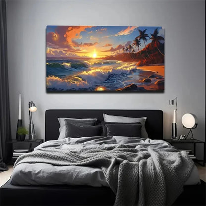 Vibrant Coastal Landscape Wall Art Canvas Office Home Room Framed 120x60cm