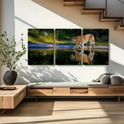 3pcs Tiger Walking By The Lake Wall Art Set Canvas Framed 60x90cm - High Quality Print 100% Australian Made Wall Canvas Ready to Hang