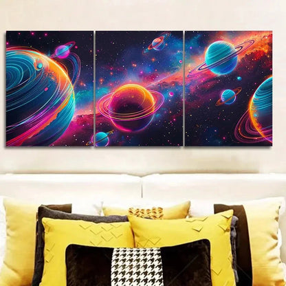 3pcs Neon Galaxy Design with Planets & Stars Wall Art Set Canvas Framed 40x60cm - High Quality Print 100% Australian Made Wall Canvas Ready to Hang