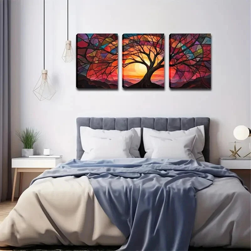 3pcs Autumn Sunrise Tree Landscape Triptych Metal Print Ready to Hang Art