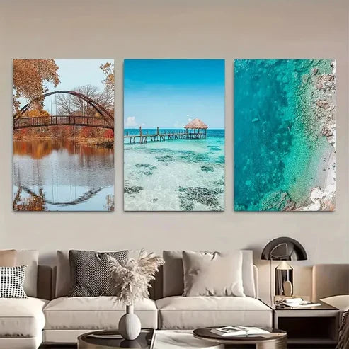 3pcs Rustic Bridge & Autumn Trees  Wall Art Set Canvas Unframed - High Quality Print 100% Australian Made Wall Canvas - Bella Home Decor