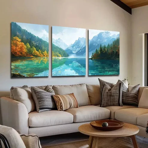 3pcs Featuring Green Lakes And Mountains Wall Art Set Wall Art Canvas Unframed - High Quality Print 100% Australian Made Wall Canvas