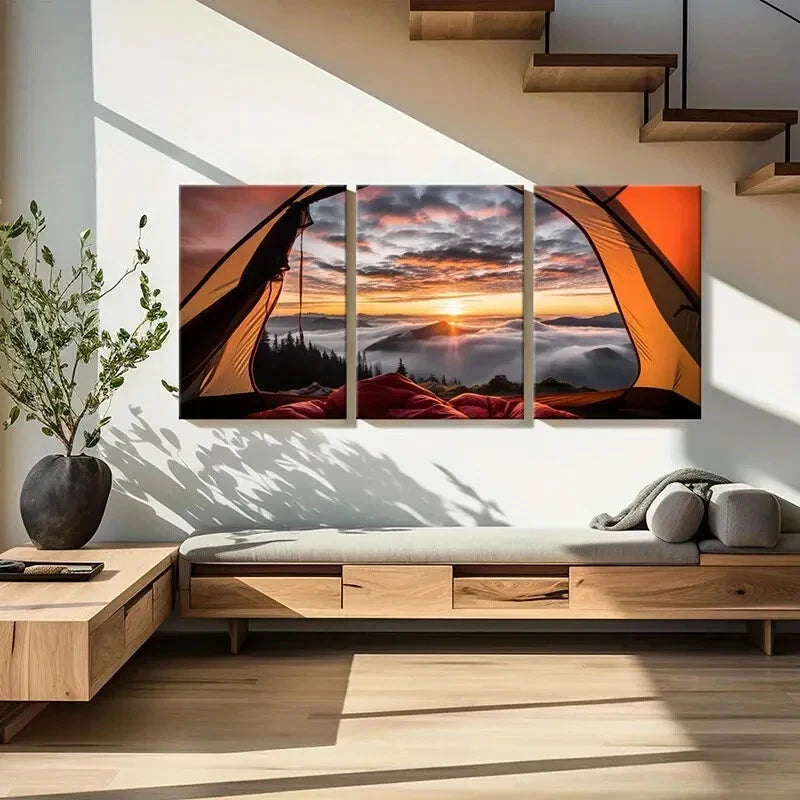 3pcs Tent View Mountain Range Painting Metal Print Ready to Hang Art - Bella Home Decor