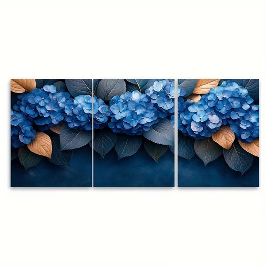 3pcs Dusky Blue Hydrangea Floral Metal Print Ready to Hang Art