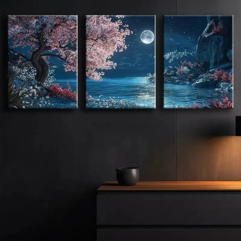 3pcs Pink Blossom Tree and Moon Canvas Framed 50x70cm - High Quality Print 100% Australian Made Wall Canvas Ready to Hang - Bella Home Decor