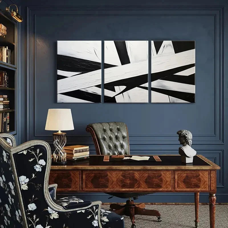 3pcs Abstract Geometric Art Black White Lines Metal Print Ready to Hang Art - Bella Home Decor