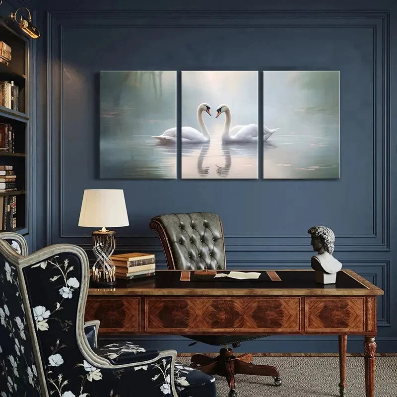 3pcs Elegant Swans Serene Lake Soft Light Metal Print Ready to Hang Art - Bella Home Decor
