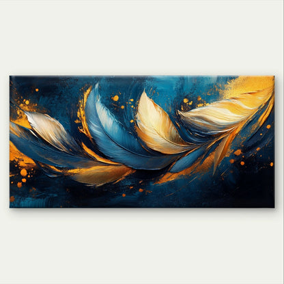 Modern Abstract Blue and Gold Feathers Wall Art Canvas Office Home Framed 120x60cm