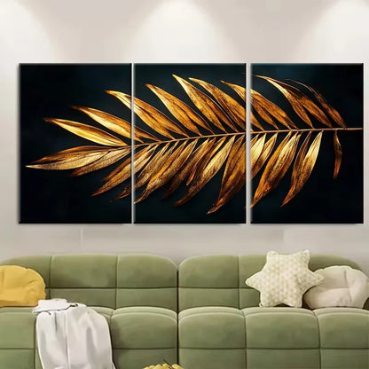 3pcs , Elegant Dark Golden Palm Leaf Metal Print Ready to Hang Art - Bella Home Decor