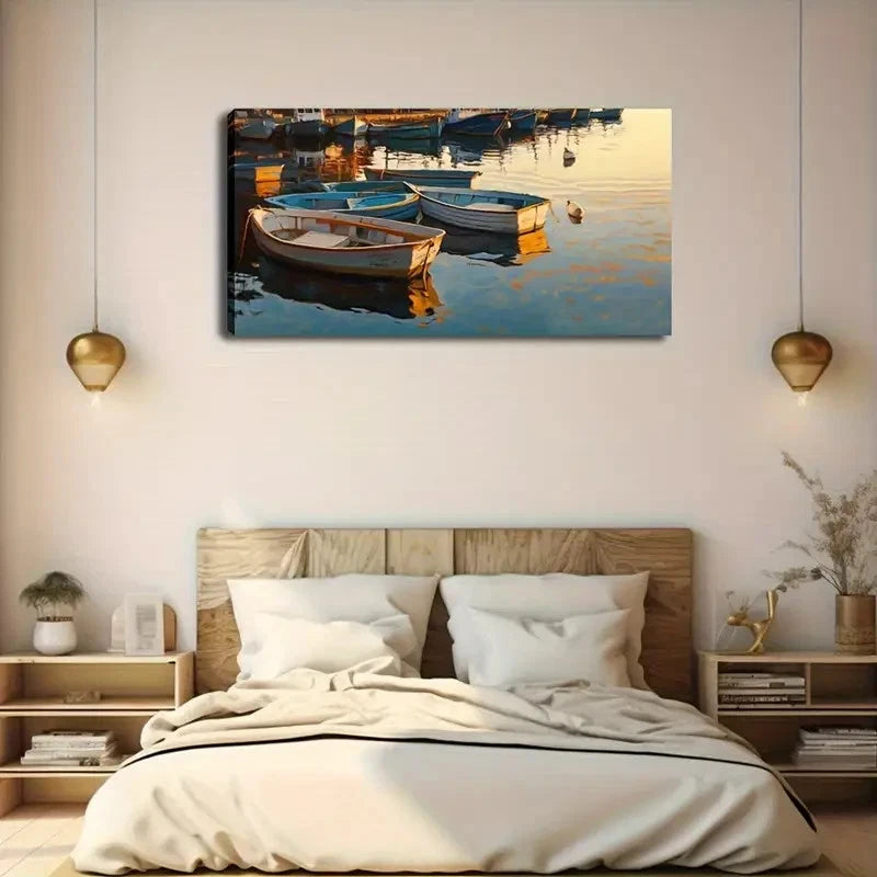 Wooden Boats & Reflections Wall Art Canvas Office Home Room Framed 120x60cm.