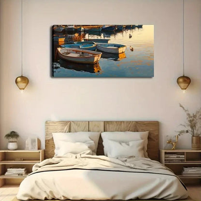 Wooden Boats & Reflections Wall Art Canvas Office Home Room Framed 120x60cm.